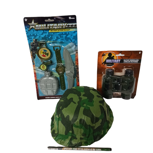 Halloween Kids Army Costume Toy Kit Helmet Canteen Compass Binoculars Survival - Picture 10 of 16